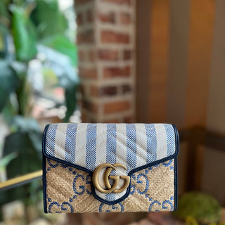 GUCCI Raffia Striped Jumbo GG Marmont Wallet On Chain