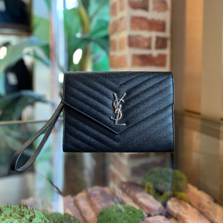 SAINT LAURENT YSL Monogram Grained Leather Flap Clutch Bag