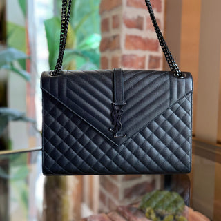 SAINT LAURENT Triquilt Large Black on Black Grain De Poudre Leather Shoulder Bag