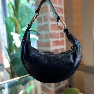 GUCCI Black Guccissima Half Moon Bamboo Ring Hobo Bag