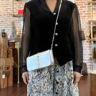 FENDI Fendigraphy Wallet on Chain Metallic Silver Leather Crossbody Bag