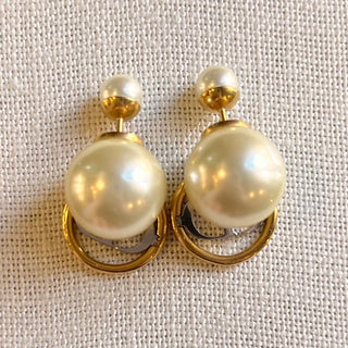 DIOR Faux Pearl Gold Toned Metal CD Earrings