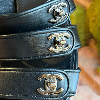 CHANEL Black Leather CC Turn Lock Block Heel Sandals SZ 39.5 (US 9.5)