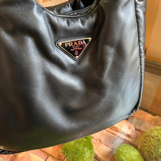 PRADA Black Padded Leather Triangle Logo Tote Bag