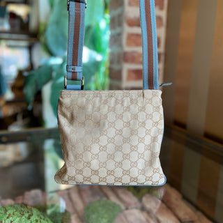GUCCI Small Beige Blue GG Canvas Web Strap Zip Messenger Crossbody Bag