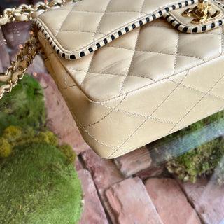 CHANEL Single Flap Whipstitch Beige Lambskin Shoulder Bag