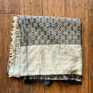 GUCCI Dark Gray Metallic GG Monogram Silk & Wool Blend Scarf Shawl