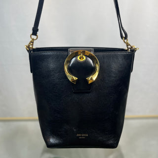 JIMMY CHOO Madeline Small Black Glazed Leather Bucket Bag