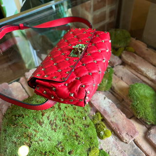 VALENTINO GARAVANI Spike Rockstud Red Quilted Nappa Leather Belt Bag SZ85(S4/6)
