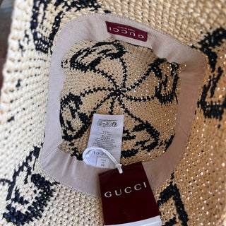 GUCCI Beige GG Monogram Raffia Bucket Hat SZ57(M)