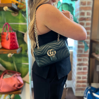 GUCCI GG Marmont Small Green Matelassé Chevron Nappa Leather Shoulder Bag