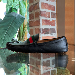 GUCCI Web Stripe Black Leather Driver Loafers SZ9(9.5US)