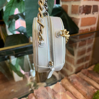 CHANEL 19 Mini Round White Iridescent Leather Shoulder Bag