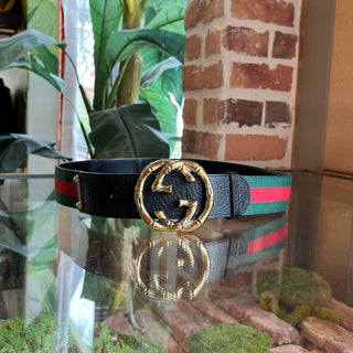 GUCCI Bamboo Gold GG Green Red Web Stripe Belt SZ80/32(4US)