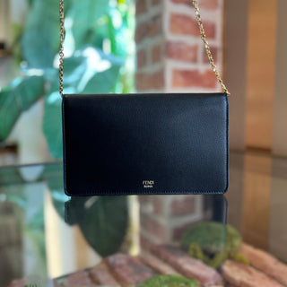 FENDI FF Diamonds Wallet On Chain Black Leather Crossbody Bag