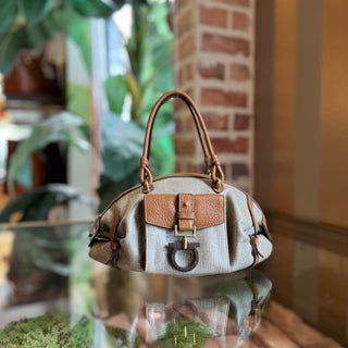 SALVATORE FERRAGAMO Brown Metallic Canvas Top Handle