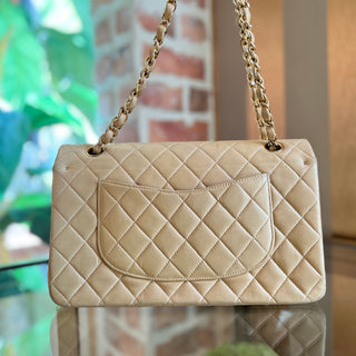 CHANEL Beige Lambskin Leather Quilted Double Flap Shoulder Bag