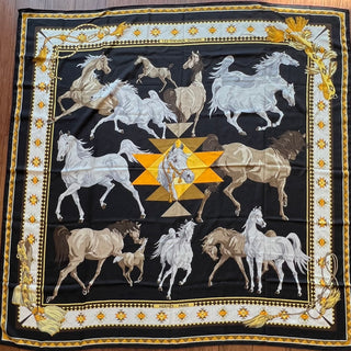 HERMES 140 Black Cashmere Silk Les Chevaux Qataris Shawl