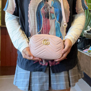 GUCCI Pink Calfskin Matelasse Mini GG Marmont Chain Crossbody
