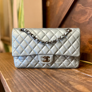 CHANEL Light Blue Patent Leather Shimmer Medium Double Flap ADI1162