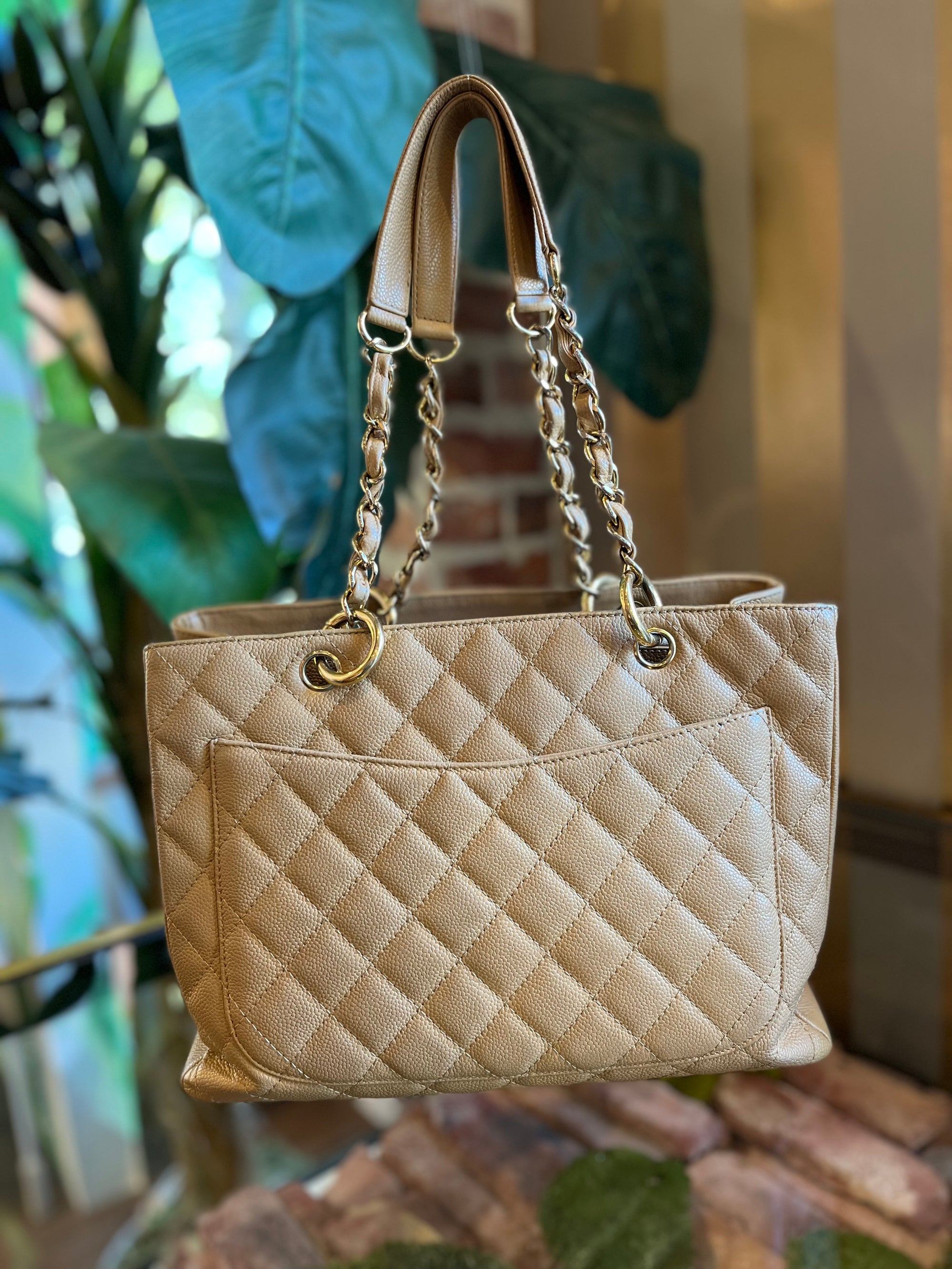 CHANEL Beige Caviar Leather Quilted Grand Shopper Tote GST