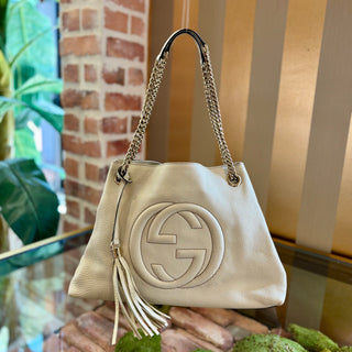 GUCCI White Grained Leather Soho Chain Tote