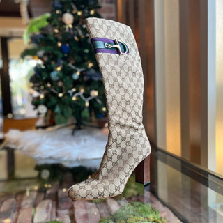 GUCCI Hasler Horsebit Beige GG Canvas Boots SZ39(9US)