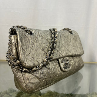 CHANEL Le Marias Ligne Distressed Metallic Silver Flap Bag ADI1123