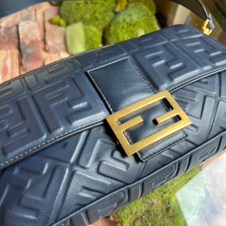 FENDI FF 1974 Embossed Baguette Navy Blue Nappa Leather Shoulder Bag