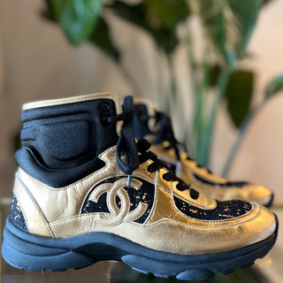 CHANEL Metallic Lambskin and Tweed CC High Top Sneakers 37.5