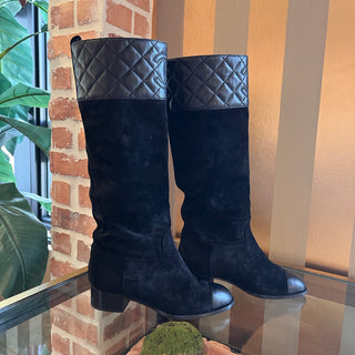 CHANEL Black Leather Suede CC Mid Calf Boots SZ 36.5 (US 6.5)
