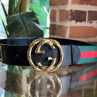 GUCCI Bamboo Gold GG Green Red Web Stripe Belt SZ80/32(4US)