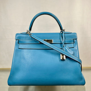 HERMES Kelly 32 Blue Jean Swift Satchel Bag