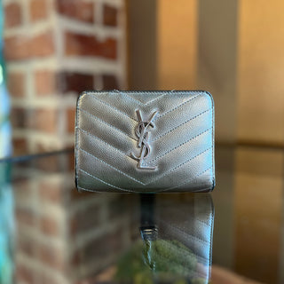 SAINT LAURENT Cassandre YSL Monogram Silver Chevron Leather Wallet