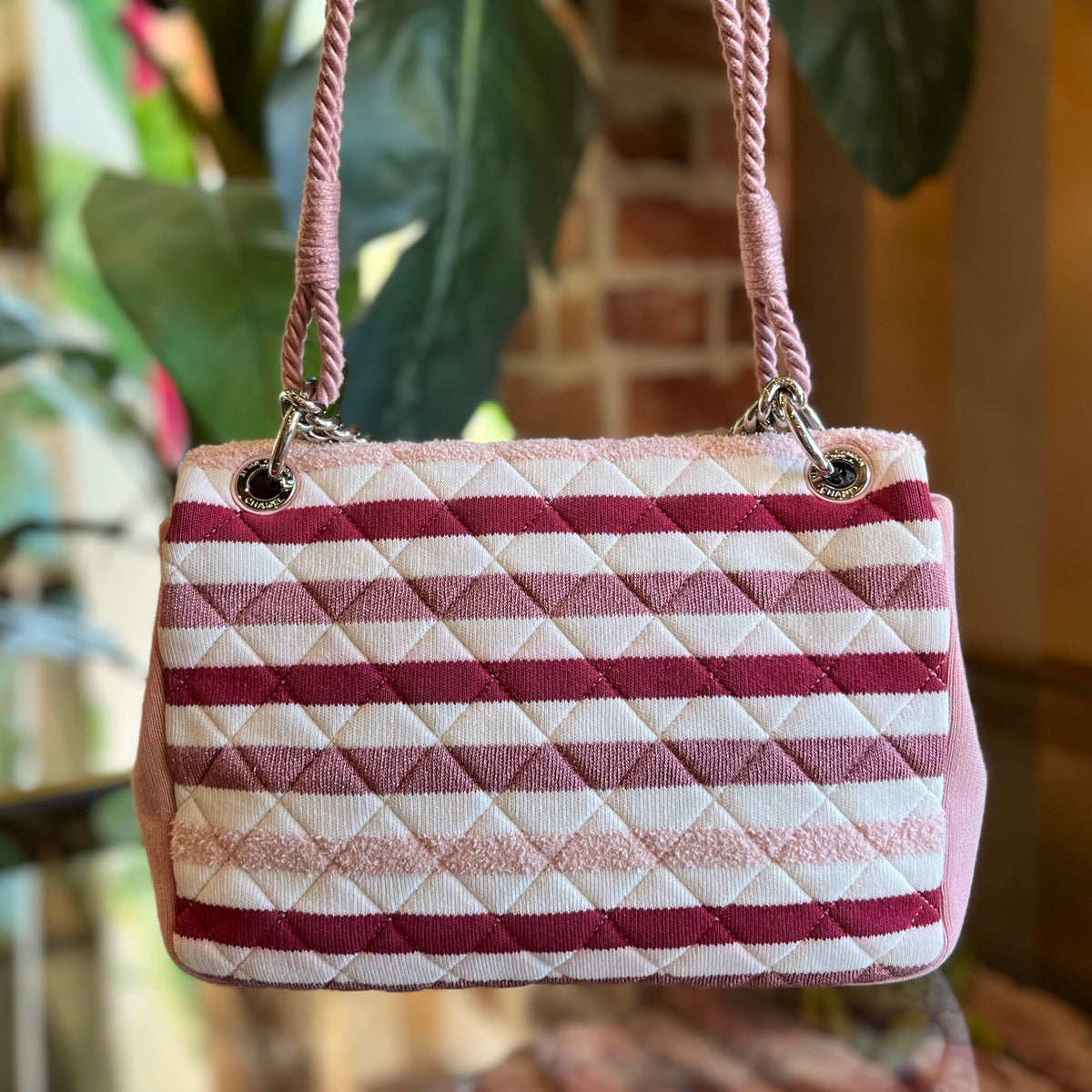 CHANEL Pink Quilted Striped Jersey Medium Flap Bag