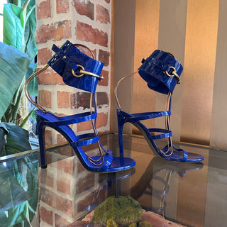 GUCCI Ursula Horsebit Blue Patent Leather Ankle Strap Heels SZ 37 (US 7)