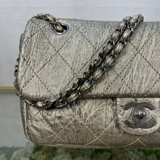 CHANEL Le Marias Ligne Distressed Metallic Silver Flap Bag ADI1123