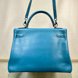 HERMES Kelly 32 Blue Jean Swift Satchel Bag