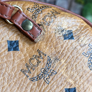 MCM Cognac Visetos Tan Canvas Barrel Crossbody Bag
