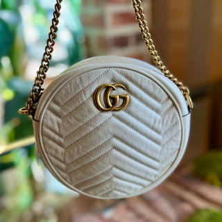 GUCCI Marmont Round Mini White Matelasse Glazed Calfskin Crossbody