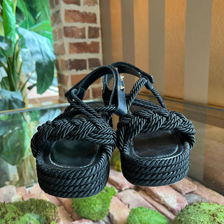 VALENTINO Torchon Rockstud Black Leather and Silk Rope Platform Sandals SZ38(8US)