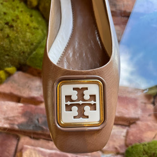 TORY BURCH Georgia Almond Flour Double T Leather Flats SZ 8
