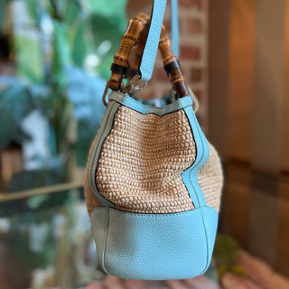 GUCCI Blue Leather Natural Raffia Woven Bamboo Shopper Tote Bag