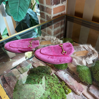 GUCCI Pink Velvet Horsebit Princetown Loafers 41