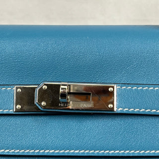 HERMES Kelly 32 Blue Jean Swift Satchel Bag