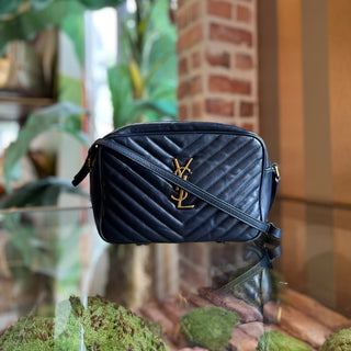 SAINT LAURENT Lou Navy Blue Calfskin Matelasse Monogram Crossbody Bag