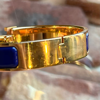 HERMES Blue Enamel Yellow Gold Metal Clic H Bracelet
