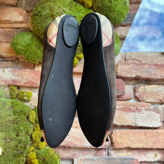 BURBERRY Brown Suede Haymarket Cap Toe Flats SZ37.5(7.5US)