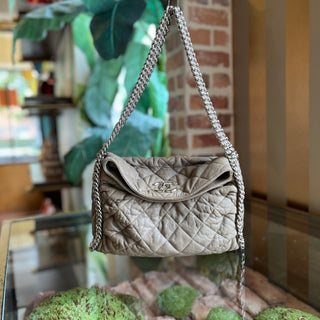 CHANEL Chain Around Gray Quilted Washed Lambskin Leather Hobo Bag