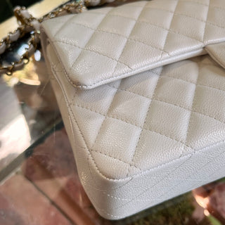CHANEL Double Flap Medium White Caviar Leather Shoulder Bag